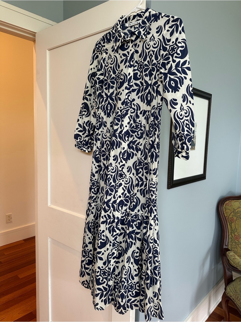 Zara Navy and White Floral Maxi Shirt Dress